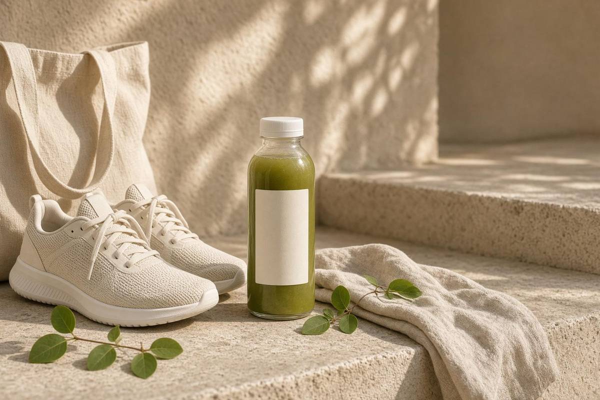 A green juice bottle beside running shoes and a linen bag