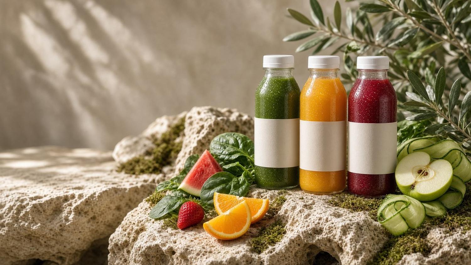Three cold-pressed juice bottles in green, orange, and ruby, arranged with fruit on stone