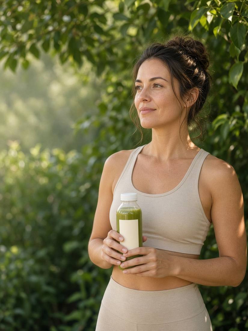 A woman holding a green juice outdoors in morning light