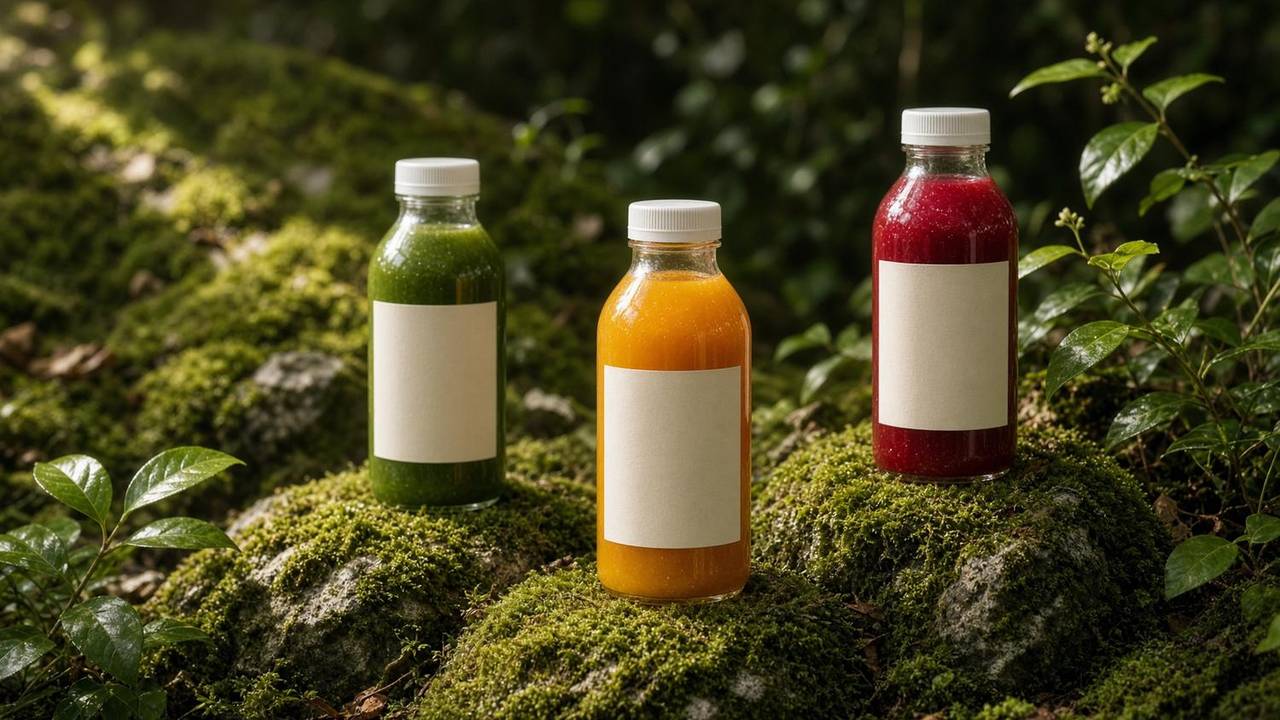 Three juice bottles arranged on moss-covered stone